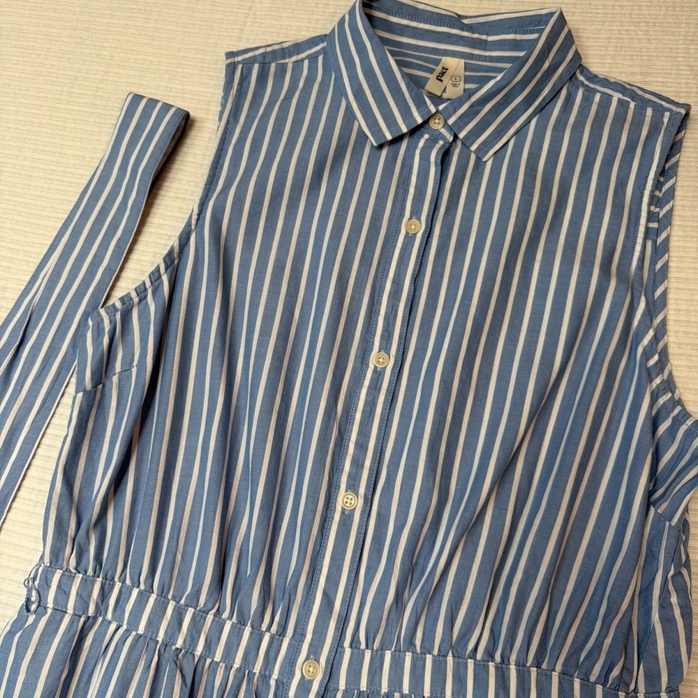 Pact Women L Sunset Lightweight Striped Blue Sleeveless Shirtdress w Pockets - Picture 4 of 9